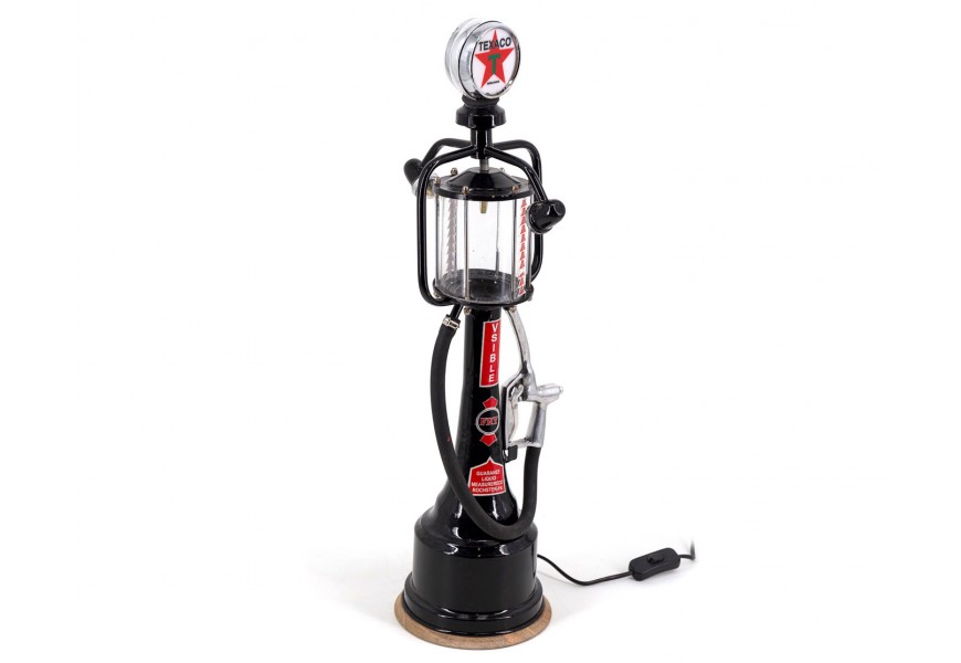 Industriálna retro stolná lampa Apoca z kovu čiernej farby s motívom benzínovej pumpy