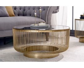 Art deco okr&uacute;hly konferenčn&yacute; stol&iacute;k Esme so zlatou kovovou kon&scaron;trukciou a čiernou sklenenou doskou 80cm