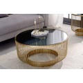 Art deco okr&uacute;hly konferenčn&yacute; stol&iacute;k Esme so zlatou kovovou kon&scaron;trukciou a čiernou sklenenou doskou 80cm