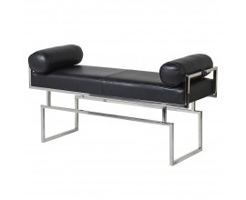 Luxusn&aacute; art deco lavica Ursula s čiernym poťahom z pravej kože a striebornou chr&oacute;movou kon&scaron;trukciou 122 cm