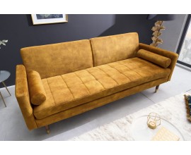Art-Deco rozkladateln&aacute; sedačka z horčicovo žlt&eacute;ho zamatu s brezov&yacute;mi nožičkami s zlat&yacute;m koncom 195cm