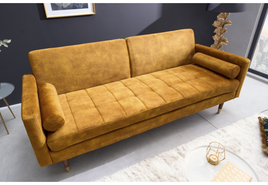 Art-Deco rozkladatelná sedačka z horčicovo žltého zamatu s brezovými nožičkami s zlatým koncom 195cm