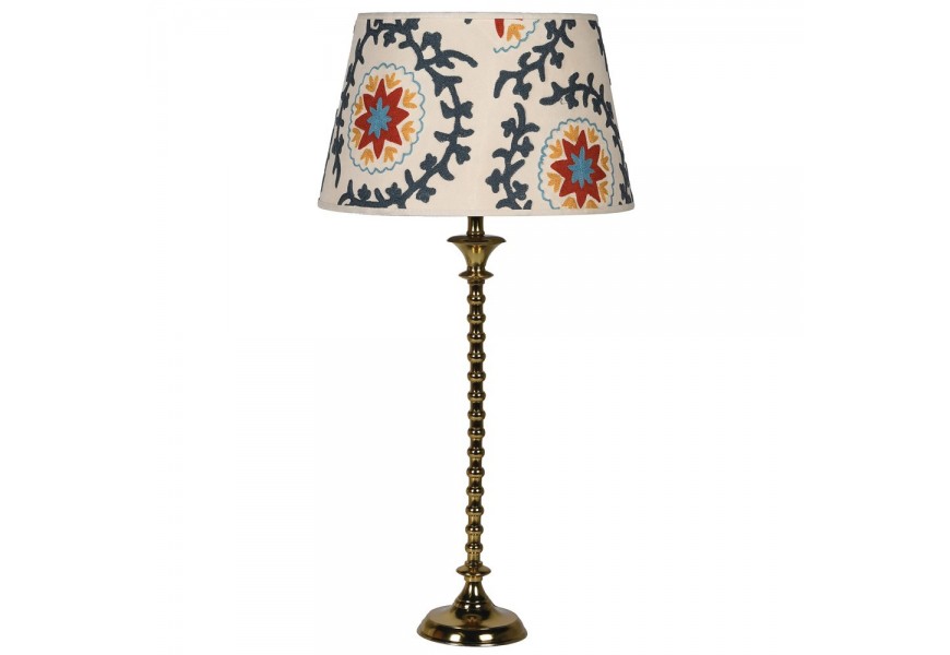 Štýlová vintage stolná lampa Impala so zlatou podstavou z kovu a pestrým vzorovaným tienidlom