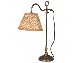 &Scaron;t&yacute;lov&aacute; stoln&aacute; lampa Cuenca s vintage mosadznou kon&scaron;trukciou z kovu a hnedo-bielym vzorovan&yacute;m tienidlom