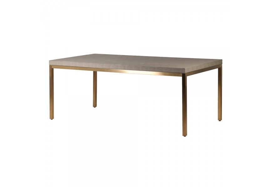 Obdĺžnikov&yacute; Jed&aacute;lensk&yacute; st&ocirc;l Faux Shagreen v zlato zelenej farbe v art deco &scaron;t&yacute;le s kovovou kon&scaron;trukciou 200 cm 