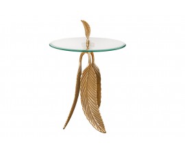Art-deco okr&uacute;hly pr&iacute;ručn&yacute; stol&iacute;k Pluma so sklenenou vrchnou doskou a podstavou s dizajnom pierok v zlatej farbe 45 cm