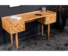 Masívny retro písací stôl Camille s dvomi zásuvkami s ozdobnou intarziou z akáciového dreva medová hnedá 132 cm