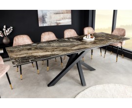 Rozkladac&iacute; obdĺžnikov&yacute; jed&aacute;lensk&yacute; st&ocirc;l Ceramia s vrchnou doskou s mramorov&yacute;m dizajnom a prekr&iacute;žen&yacute;mi nohami čierna hned&aacute; 180 cm