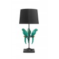 Dizajnová stolná lampa Macaw v glamour štýle s okrúhlym tienidlom a konštrukciou v čiernej farbe s mramorovým podstavcom a tromi figúrami tyrkysových papagájov so zlatými detailmi