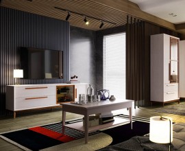 Luxusn&aacute; mas&iacute;vna biela zostava n&aacute;bytku do ob&yacute;vacej izby Estoril s hned&yacute;mi detailmi a modern&yacute;m line&aacute;rnym dizajnom