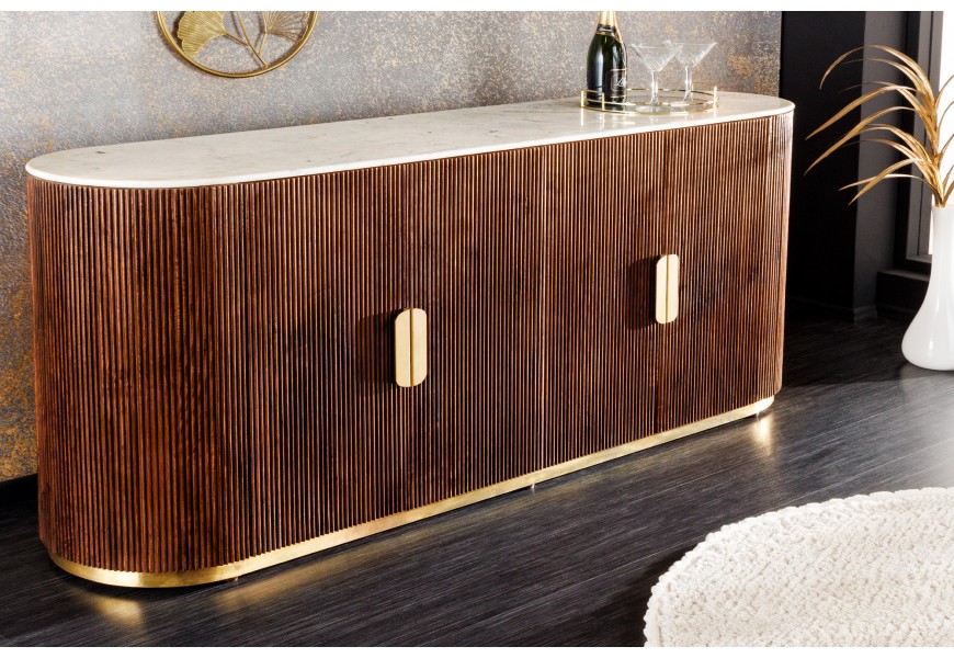 Luxusn&yacute; art deco ov&aacute;lny &scaron;tvordverov&yacute; pr&iacute;born&iacute;k Gatsby z mangov&eacute;ho dreva s mramorovou vrchnou doskou hned&aacute; biela 180 cm