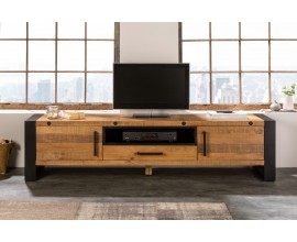 Industri&aacute;lny dizajnov&yacute; TV stol&iacute;k Adin z mas&iacute;vu a kovu so z&aacute;suvkou a dvierkami 200cm