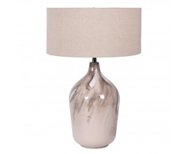 &Scaron;t&yacute;lov&aacute; kovov&aacute; lampa Saturn s atypickou nožičkou v b&eacute;žovo hnedej farbe s valcov&yacute;m b&eacute;žov&yacute;m tienidlom s ľanov&yacute;m poťahom