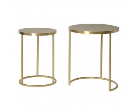 &Scaron;t&yacute;lov&yacute; art deco set pr&iacute;ručn&yacute;ch stol&iacute;kov v okr&uacute;hlom tvare so zlat&yacute;mi nožičkami a doskou &scaron;agr&eacute;nov&yacute;m kožen&yacute;m poťahom v b&eacute;žovej farbe