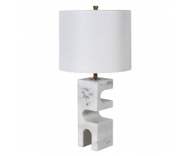 &Scaron;t&yacute;lov&aacute; biela geometrick&aacute; mramorov&aacute; stoln&aacute; lampa Summary so siv&yacute;mi žilkami s bielym valcov&yacute;m tienidlom