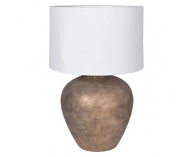 &Scaron;t&yacute;lov&aacute; vintage stoln&aacute; lampa Amanda so zlato hnedou keramickou oblou nohou a valcov&yacute;m bielym tienidlom 61 cm