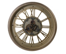 Veľk&eacute; vintage n&aacute;stenn&eacute; okr&uacute;hle hodiny s r&iacute;mskymi č&iacute;slicami v starožitnom zlatom odtieni s rustik&aacute;lnym n&aacute;dychom