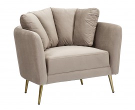 Glamour kreslo Lana v polkruhovom tvare so zamatov&yacute;m poťahom v sivej farbe s pre&scaron;&iacute;van&yacute;m vank&uacute;&scaron;om s nožičkami v zlatej farbe z kovu s čal&uacute;nen&iacute;m