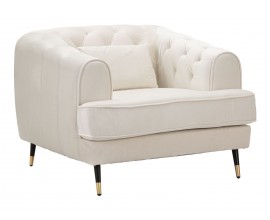 Art deco štvorcové zamatové čalúnené prešívané krémové kreslo Lana s čiernymi nožičkami so zlatými detailmi 93 cm