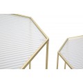 Art deco set osemuholn&iacute;kov&yacute;ch kovov&yacute;ch zlat&yacute;ch pr&iacute;ručn&yacute;ch stol&iacute;kov Lamier so sklenenou vr&uacute;bkovanou doskou 100 cm