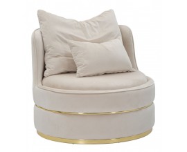Dizajnov&eacute; art deco kreslo Prestige okr&uacute;hleho tvaru čal&uacute;nen&eacute; l&aacute;tkou v b&eacute;žovej farbe s dvoma vank&uacute;&scaron;mi so zlat&yacute;mi detailmi