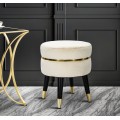 Art deco okr&uacute;hla čal&uacute;nen&aacute; zamatov&aacute; taburetka Laurentia v kr&eacute;movo farbe so zlat&yacute;mi detailmi a čiernymi nožičkami 40 cm