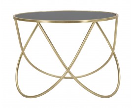 Art deco okr&uacute;hly zlat&yacute; kovov&yacute; konferenčn&yacute; stol&iacute;k Lenim s nohou s ohnut&yacute;ch tyč&iacute; a s vrchnou sklenenou čiernou doskou 60 cm