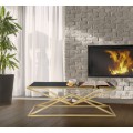 Dizajnov&yacute; glamour obdĺžnikov&yacute; konferenčn&yacute; stol&iacute;k Triangolo Oro s čiernou sklenenou doskou a zlatou geometrickou podstavou 110 cm