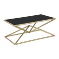 Sklenený art deco konferenčný stolík Triangolo Oro s obdĺžnikovou vrchnou doskou z čierneho skla a kovovou podstavou v zlatej farbe v tvare dvoch pyramíd