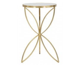 Art deco okr&uacute;hly kovov&yacute; zlat&yacute; pr&iacute;ručn&yacute; stol&iacute;k Kolan s geometrickou nohou a vrchnou zrkadlovou doskou 60 cm