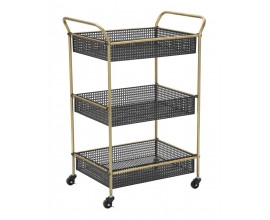 Art deco obdĺžnikov&yacute; kovov&yacute; zlato čierny serv&iacute;rovac&iacute; voz&iacute;k Zero na kolieskach s tromi &uacute;ložn&yacute;mi boxmi 81 cm