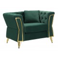 Art deco kreslo Velaria v mohutnom hranatom tvare s tmavozeleným zamatovým poťahom s chesterfield prešívaním na vnútornej strane opierky a diamantovým vzorom na bokoch so zlatými detailmi na bočných opierkach a nožičkách