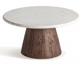 Luxusn&yacute; mramorov&yacute; okr&uacute;hly konferenčn&yacute; stol&iacute;k Colton s bielou doskou so sivou kresbou kameňa a mas&iacute;vnou hnedou nohou 80 cm