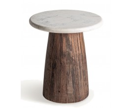 Luxusn&yacute; mramorov&yacute; okr&uacute;hly pr&iacute;ručn&yacute; stol&iacute;k Colton s bielou vrchnou doskou a hnedou nohou z mas&iacute;vneho dreva 45 cm