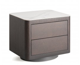 Luxusn&yacute; modern&yacute; nočn&yacute; stol&iacute;k Hollis s dvomi z&aacute;suvkami v tmavej hnedej farbe s bielou mramorovou doskou 55 cm
