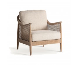 Luxusn&eacute; retro čal&uacute;nen&eacute; b&eacute;žov&eacute; kreslo Milonisa s drevenou hnedou kon&scaron;trukciou a ratanov&yacute;m viedensk&yacute;m v&yacute;petom 86 cm