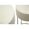 Art deco sada kovov&yacute;ch okr&uacute;hlych pr&iacute;ručn&yacute;ch stol&iacute;kov Glamia Tapis&eacute; s b&eacute;žov&yacute;m zamatov&yacute;m pre&scaron;&iacute;van&iacute;m a mramorovou doskou 90 cm