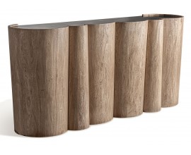Luxusn&yacute; art deco atypick&yacute; hned&yacute; mramorov&yacute; barov&yacute; pult Zoran v oblom tvare s vrchnou čiernou doskou s deviatimi poličkami 243 cm