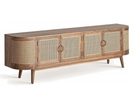 Luxusn&yacute; art deco obdĺžnikov&yacute; &scaron;tvordverov&yacute; TV stol&iacute;k Vimbio z mas&iacute;vneho dreva v hnedej farbe s pr&uacute;ten&yacute;m v&yacute;pletom 200 cm 