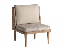 Luxusn&eacute; retro kreslo Lunia s čal&uacute;nen&iacute;m a poťahom v b&eacute;žovej farbe so vzorom s r&aacute;mom z mas&iacute;vneho brezov&eacute;ho dreva v hnedej farbe s viedensk&yacute;m ratanov&yacute;m v&yacute;pletom