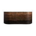 Luxusný moderný príborník Konnie v oválnom tvare so štyrmi dvierkami a dvomi poličkami z masívneho mangového dreva v hnedej farbe a vrchnou doskou z mramoru v sivej farbe s farebným gradientom