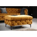 &Scaron;t&yacute;lov&aacute; chesterfield horčicov&aacute; žlt&aacute; čal&uacute;nen&aacute; taburetka Modern Barock s pre&scaron;&iacute;van&yacute;m poťahom a čiernymi kovov&yacute;mi nožičkami 92 cm