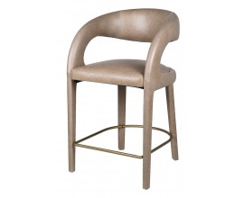 Luxusn&aacute; art deco modern&aacute; kožen&aacute; b&eacute;žovo hned&aacute; obl&aacute; barov&aacute; stolička Jasmer s kovovou staro zlatou opierkou na nohy 98 cm