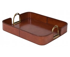 Art deco obdĺžnikov&yacute; kožen&yacute; podnos Marquess v hnedom odtieni so zlat&yacute;mi kovov&yacute;mi &uacute;chytkami 41 cm