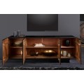 Dizajnov&yacute; art deco obdĺžnikov&yacute; &scaron;tvordverov&yacute; čierny TV stol&iacute;k Marlon so zlat&yacute;mi vyrez&aacute;van&yacute;mi detailmi 177 cm