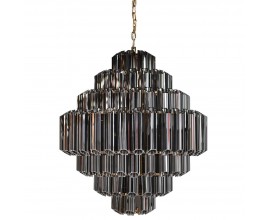 Luxusn&yacute; art deco čierny sklenen&yacute; luster Nocco s tienidlom zo sklen&yacute;ch trub&iacute;c so siedmimi &uacute;rovňami a kovovou kon&scaron;trukciou v zlatej farbe na retiazke