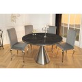 Luxusn&yacute; mramorov&yacute; art deco okr&uacute;hly jed&aacute;lensk&yacute; st&ocirc;l Elina so striebornou kovovou kužeľovou nohou a čiernou doskou 130 cm