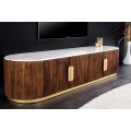 Luxusn&yacute; art deco ov&aacute;lny &scaron;tvordverov&yacute; TV stol&iacute;k Gatsby z hned&eacute;ho mas&iacute;vu s dr&aacute;žkovan&yacute;m reli&eacute;fom a bielou mramorovou doskou 170 cm