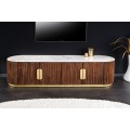 Luxusn&yacute; art deco ov&aacute;lny &scaron;tvordverov&yacute; TV stol&iacute;k Gatsby z hned&eacute;ho mas&iacute;vu s dr&aacute;žkovan&yacute;m reli&eacute;fom a bielou mramorovou doskou 170 cm