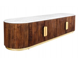 Luxusn&yacute; art deco ov&aacute;lny &scaron;tvordverov&yacute; TV stol&iacute;k Gatsby z hned&eacute;ho mas&iacute;vu s dr&aacute;žkovan&yacute;m reli&eacute;fom a bielou mramorovou doskou 170 cm